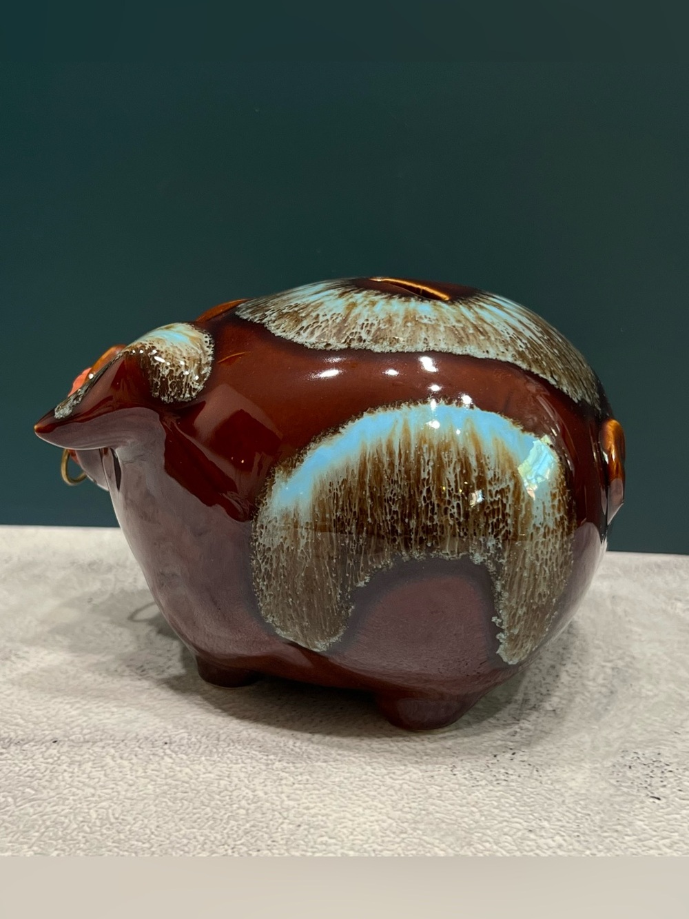 Vintage 50s Hull Pottery Corky Pig Ceramic Coin Bank MCM Brown Blue Drip Glaze - Picture 3 of 9